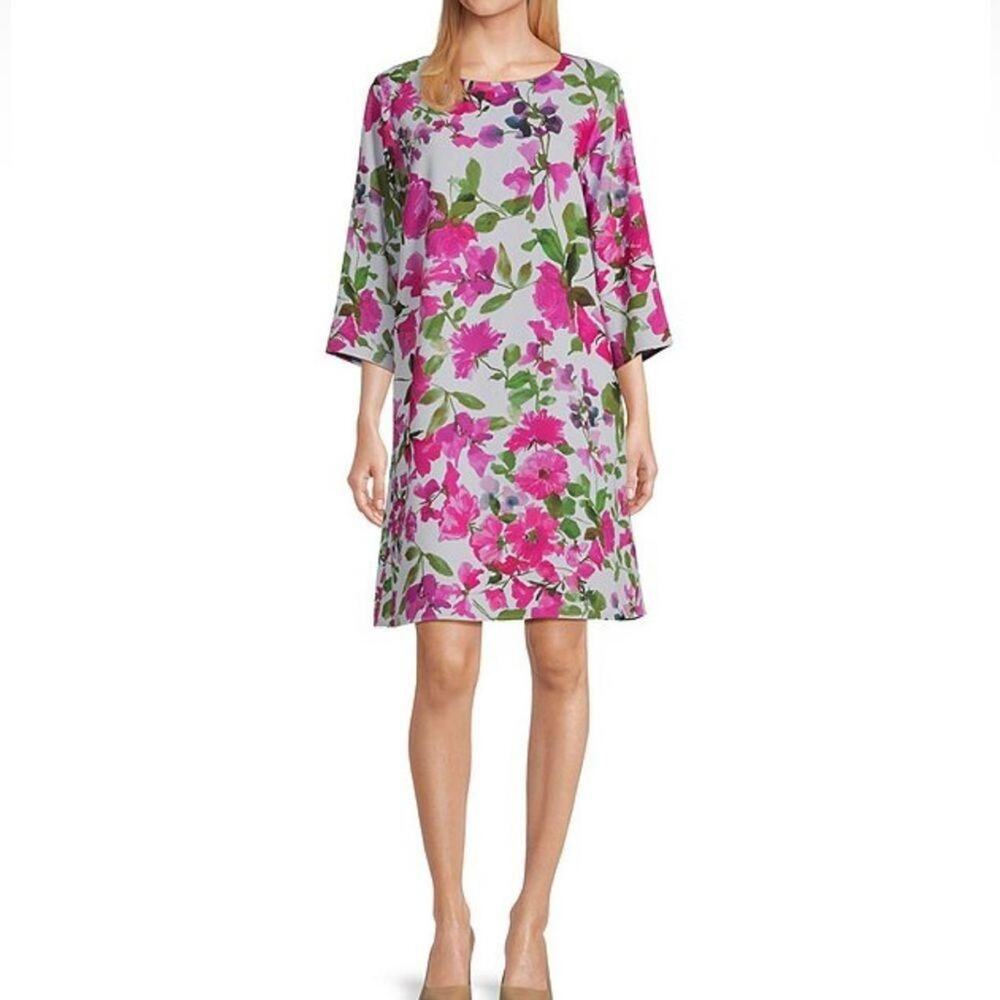 Caroline Rose Bright Blooms Floral Print Round Neck 3/4 Sleeve A-Line Dress Sz L